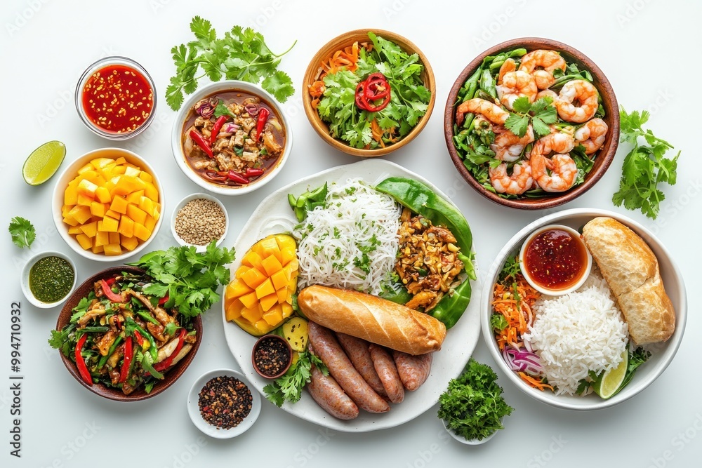 Vietnamese Cuisine Meal Featuring Rice Noodles, Shrimp, and Mango Vietnamese Cuisine Meal Featuring Rice Noodles, Shrimp, and Mango