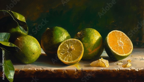 A close-up shot of fresh limes on a dark wooden surface, highlighting their vibrant green color and juicy texture. photo