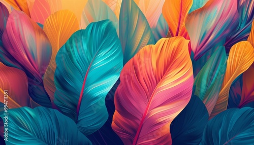 Vivid and colorful leaves, primarily in hues of blue and pink, creating an abstract nature representation. photo