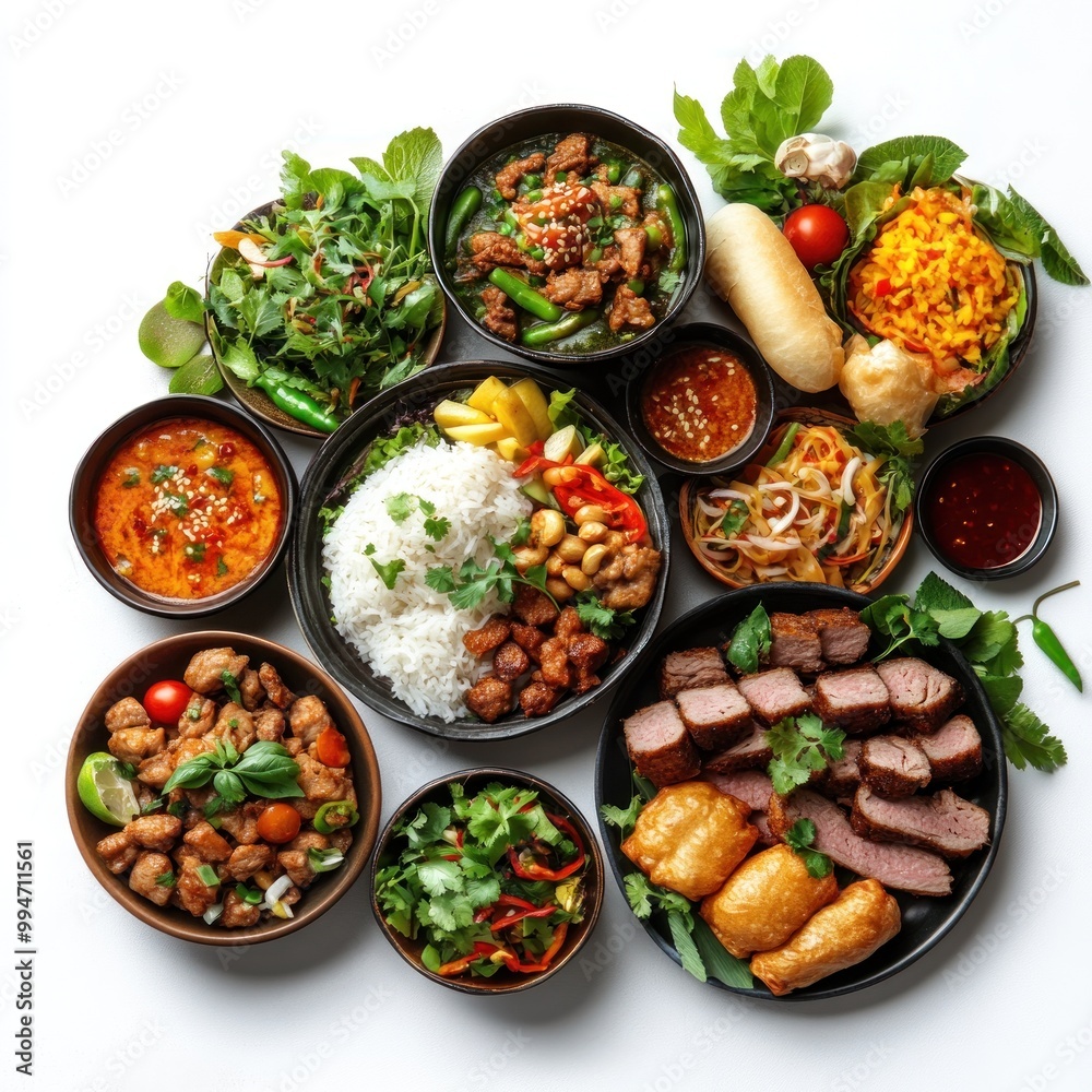 A Variety of Asian Dishes Served on Black Plates A Variety of Asian Dishes Served on Black Plates
