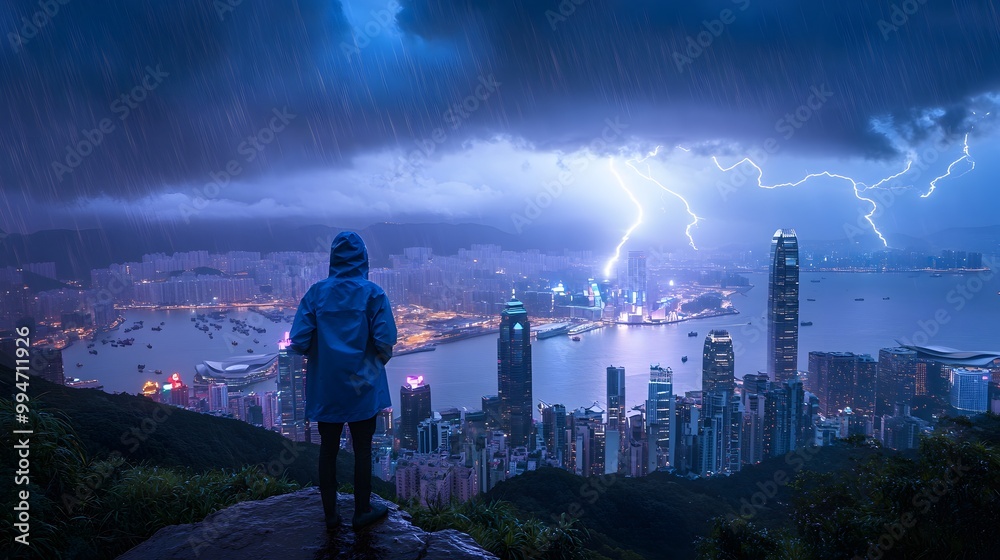 Obraz premium A lone figure stands overlooking a city skyline during a thunderstorm.
