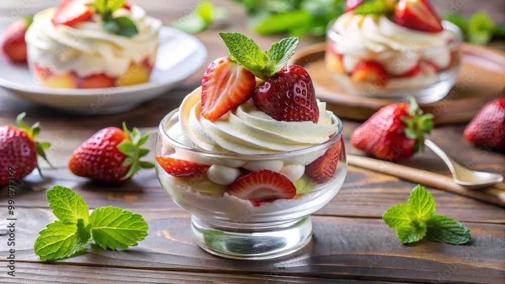 Glass cup is filled with a creamy dessert, fresh strawberries, and a sprig of mint, creating a tempting treat Glass cup is filled with a creamy dessert, fresh strawberries, and a sprig of mint, creating a tempting treat