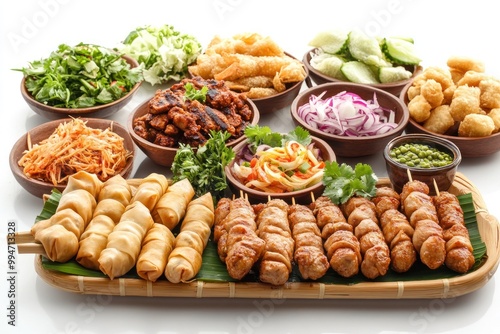 A Diverse Array of Appetizers and Sides in Wooden Bowls and a Bamboo Serving Tray photo