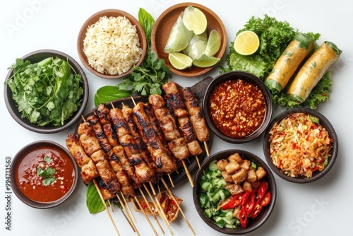 Grilled Meat Skewers with Various Dips, Sides, and Spring Rolls photo