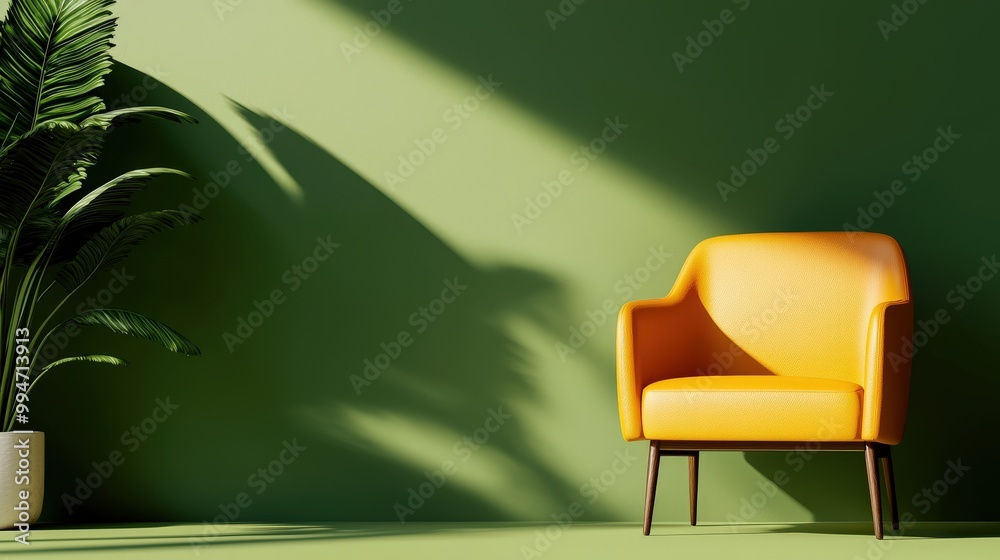 Fototapeta premium Modern Yellow Armchair with Green Wall and Sunlight