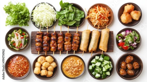 Assorted Appetizers and Dips Served on a White Background