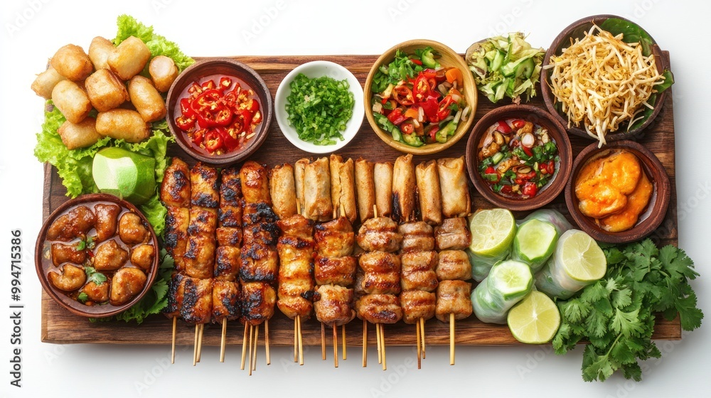 Grilled Meat Skewers, Spring Rolls, and Dipping Sauces on Wooden Board Grilled Meat Skewers, Spring Rolls, and Dipping Sauces on Wooden Board