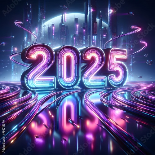 The Numbers 2025 Constructed from Twisting Neon Tubes in a Futuristic Style