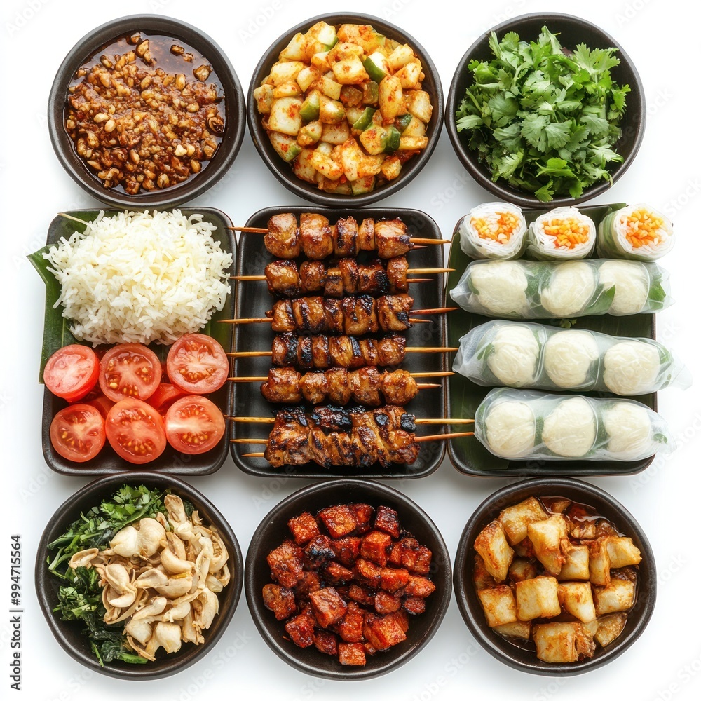 Assortment of Thai Dishes with Skewered Meat, Spring Rolls, and Side Dishes Assortment of Thai Dishes with Skewered Meat, Spring Rolls, and Side Dishes