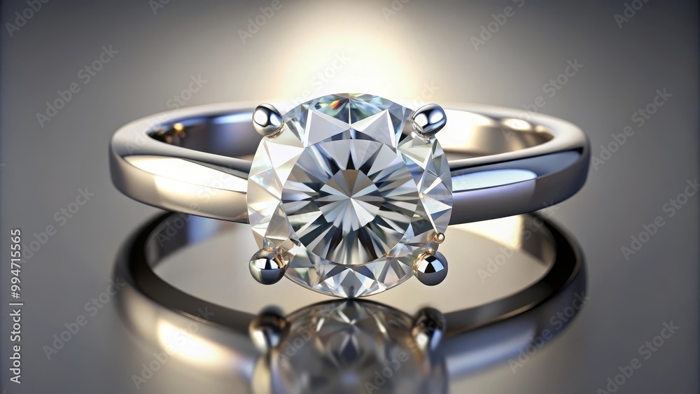 Solitaire diamond ring is gleaming on a silver background