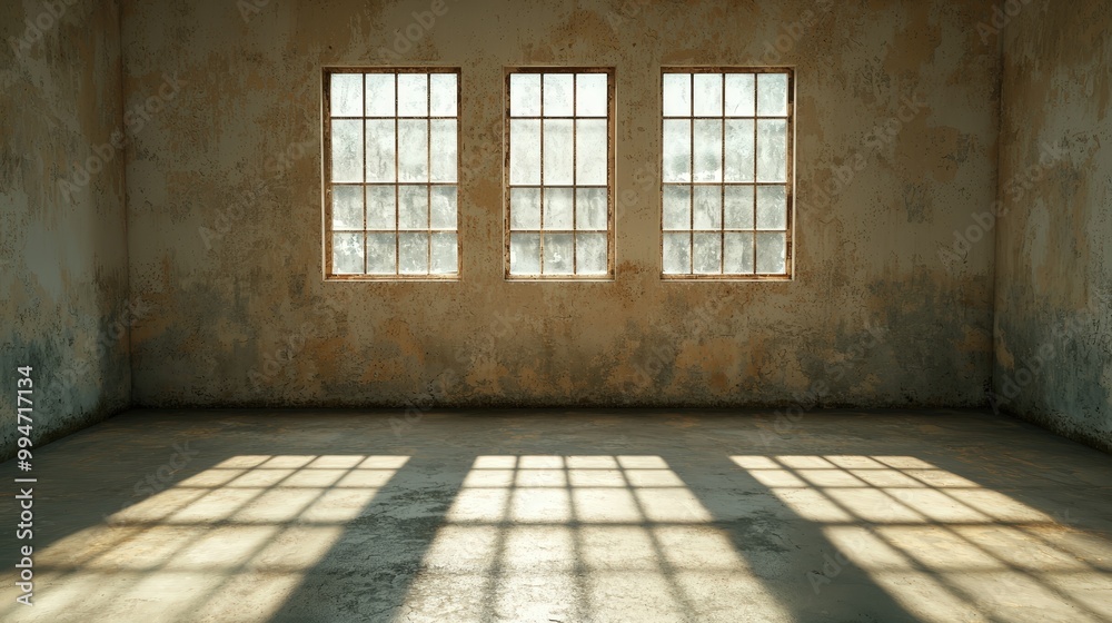 Empty Room with Three Windows and Light Streaks on Concrete Floor Industrial Interior De Empty Room with Three Windows and Light Streaks on Concrete Floor Industrial Interior De