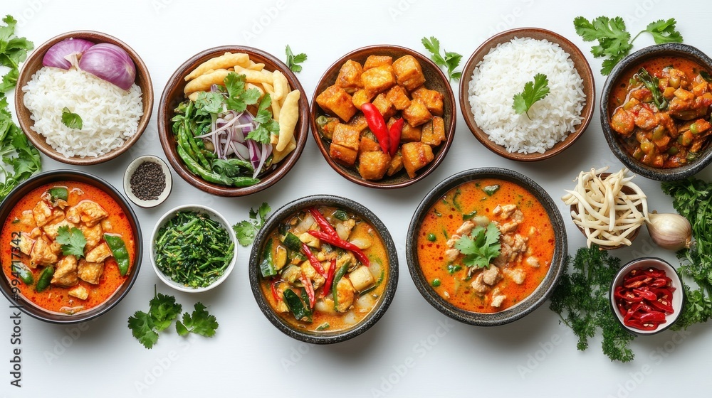A Table Spread of Thai Cuisine Featuring Curry, Rice, and Vegetables A Table Spread of Thai Cuisine Featuring Curry, Rice, and Vegetables