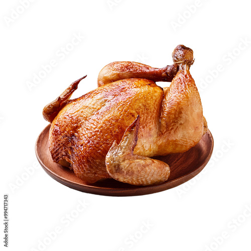 roasted chicken on a wooden plate photo