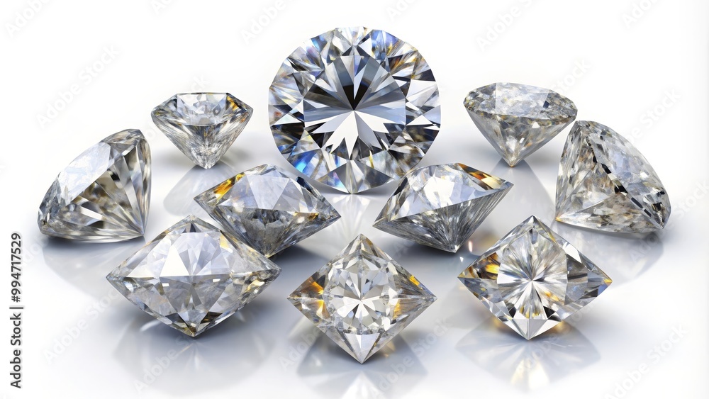 Collection of various brilliant cut diamonds are sparkling on a white background Collection of various brilliant cut diamonds are sparkling on a white background