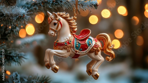 A beautifully detailed carousel horse ornament hanging on a frosted Christmas tree branch, illuminated by warm, twinkling lights in the background.