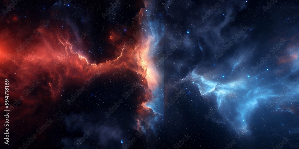 A breathtaking view of a nebula with vibrant red and blue hues. The contrasting colors and intricate patterns create a mesmerizing cosmic scene. A breathtaking view of a nebula with vibrant red and blue hues. The contrasting colors and intricate patterns create a mesmerizing cosmic scene.