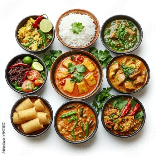 Assortment of Indian Curries and Accompaniments in Bowls