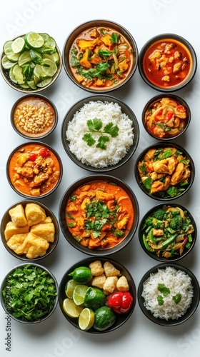 A Variety of Thai Dishes with Rice, Tofu, and Vegetables photo