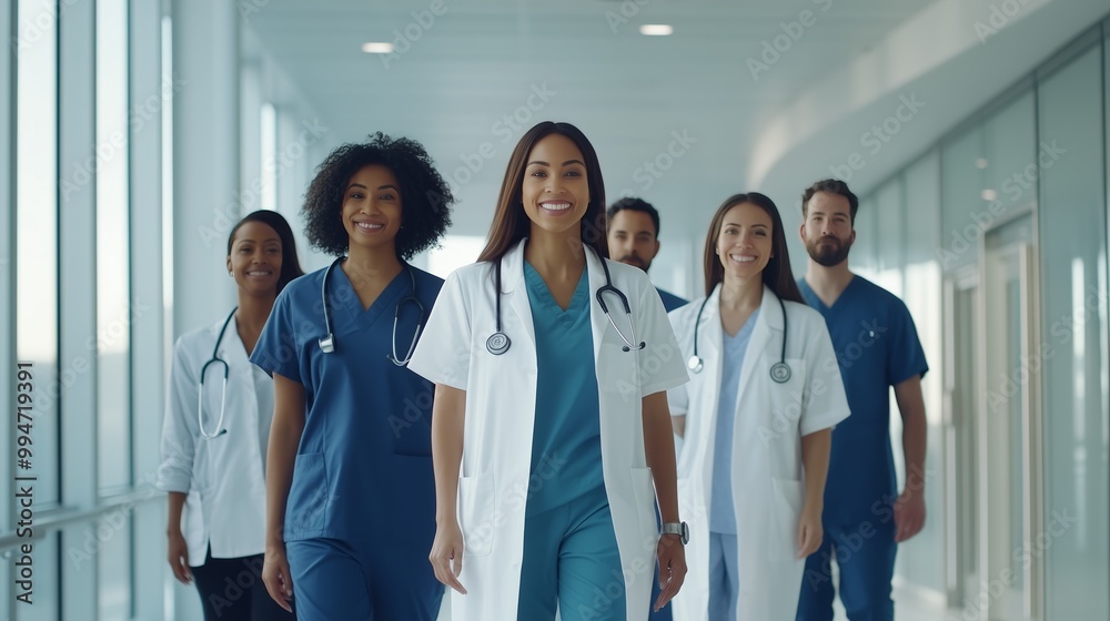 A diverse medical team in scrubs stands united in a modern hospital corridor, showcasing collaboration. A diverse medical team in scrubs stands united in a modern hospital corridor, showcasing collaboration.