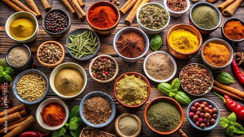 Variety of colorful spices and herbs is sitting on rustic wooden table