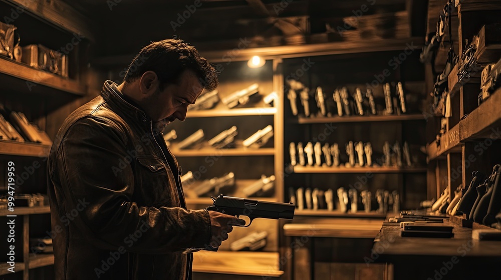 Firearms Collection in a Dimly Lit Room