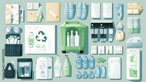 Various Recycling Items Sorted into Bins and Categories