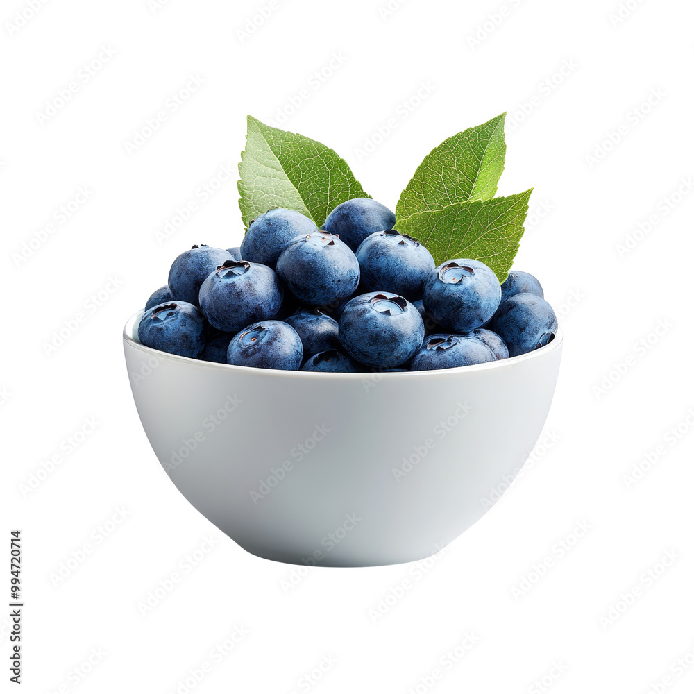 Fresh Blueberries in a White Bowl with Green Leaves Fresh Blueberries in a White Bowl with Green Leaves