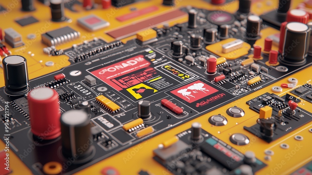 Futuristic Circuit Board Design with Red and Yellow Elements   AI Graphic Design Innovatio