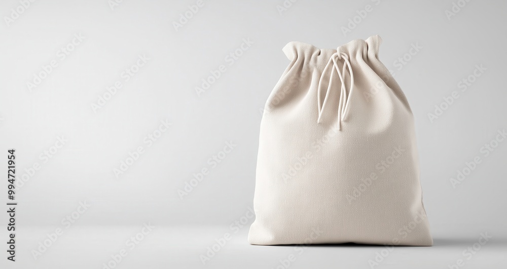 Blank white drawstring bag or sack container object mockup on plain studio background Minimal simple design template for packaging branding or product presentation Blank white drawstring bag or sack container object mockup on plain studio background Minimal simple design template for packaging branding or product presentation