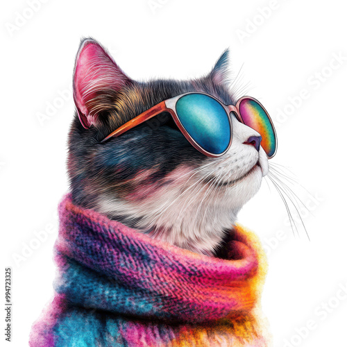 Colorful Feline Fashion Stylish cat adorned with funky multicolored sunglasses posing in a vibrant modern studio setting  This playful eye catching image captures the cat s trendy whimsical persona photo