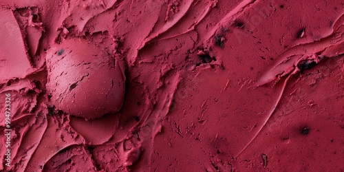 Close-up of smooth, creamy red ice cream with swirls and a scoop in the center.