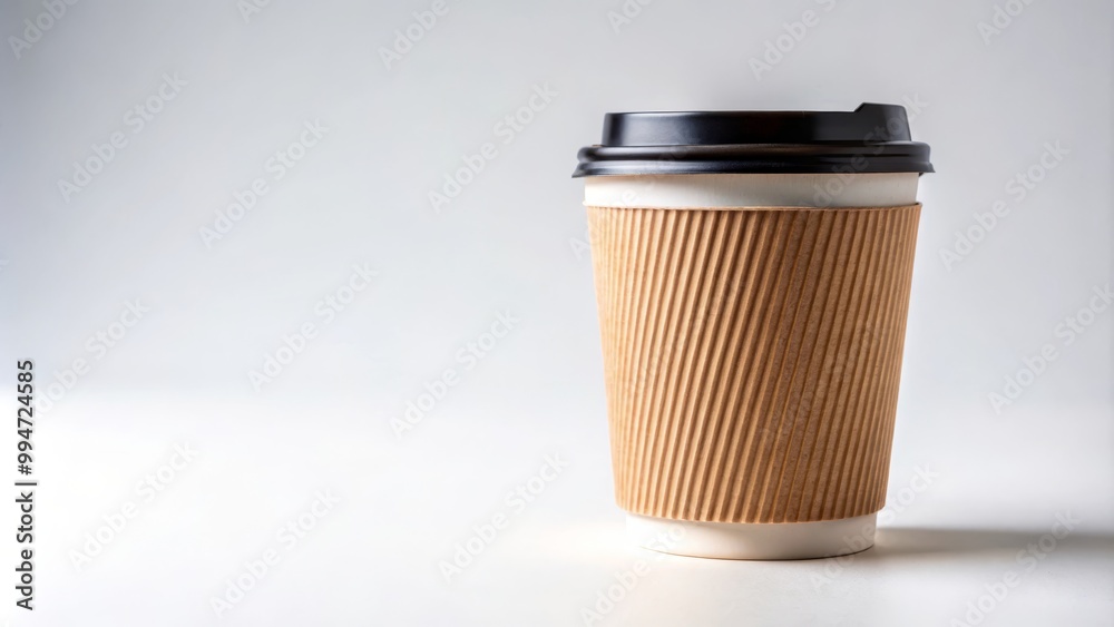 Disposable paper coffee cup with a white lid is standing on a white background Disposable paper coffee cup with a white lid is standing on a white background