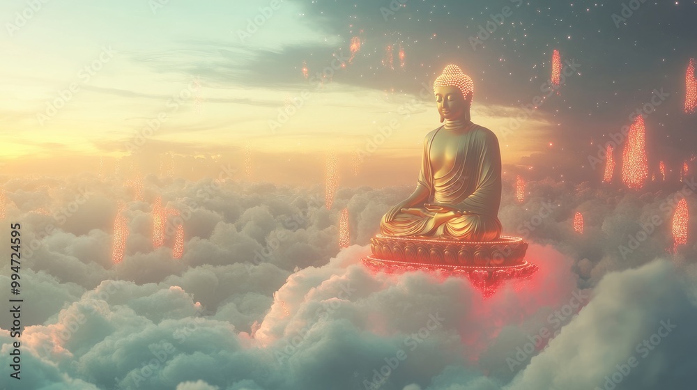A serene golden Lord Buddha floats above soft clouds, with a breathtaking futuristic background featuring glowing cosmic lights A serene golden Lord Buddha floats above soft clouds, with a breathtaking futuristic background featuring glowing cosmic lights