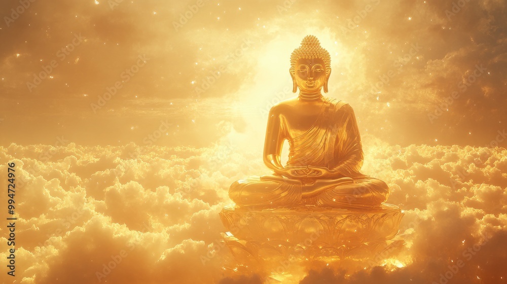 Awe-inspiring golden Buddha floating high above the clouds, surrounded by a stunning futuristic background with radiant light effects Awe-inspiring golden Buddha floating high above the clouds, surrounded by a stunning futuristic background with radiant light effects