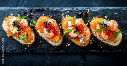 A plate of four gourmet canapés, each topped with smoked salmon, shrimp, and caviar.