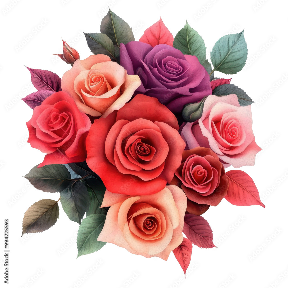 Obraz premium Vibrant and Elegant Bouquet of Colorful Roses and Flowers Including Red Pink and Purple Blooms Arranged in a Beautiful Floral for Romantic Occasions Such as Valentine s Day Anniversary or Mother s Day