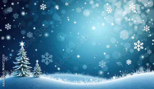 Christmas trees in winter snowflake background with festive glow.