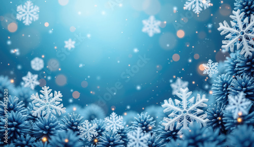 Winter snowflake background with pine branches and festive bokeh lights perfect for holiday designs and banner.