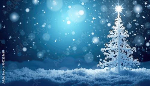 Christmas tree in winter background with snow and bokeh lights, christmas background.