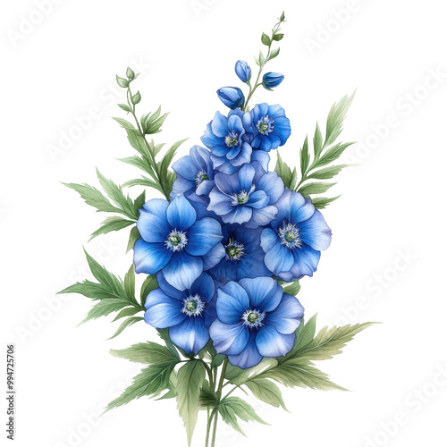 Vibrant blue floral bouquet composed of delicate blooming flowers surrounded by lush green foliage in a naturalistic and ornamental arrangement photo