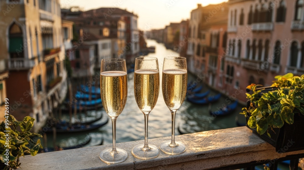 Two glasses of champagne on a balcony overlooking the canals of Venice generative ai Two glasses of champagne on a balcony overlooking the canals of Venice generative ai