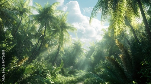 Tropical Rainforest Landscape with Lush Greenery and Sunlight