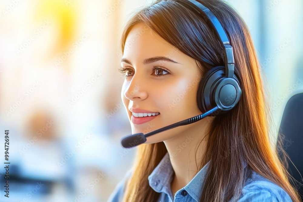 Bright portrait of a young woman wearing a headset glowing in a vibrant light symbolizing communication technology and focus in a digital environment Bright portrait of a young woman wearing a headset glowing in a vibrant light symbolizing communication technology and focus in a digital environment