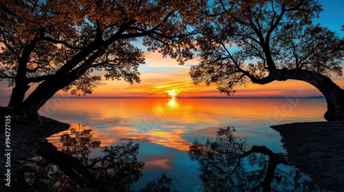 Silhouetted Trees Frame Vibrant Sunset Over Calm Lake
