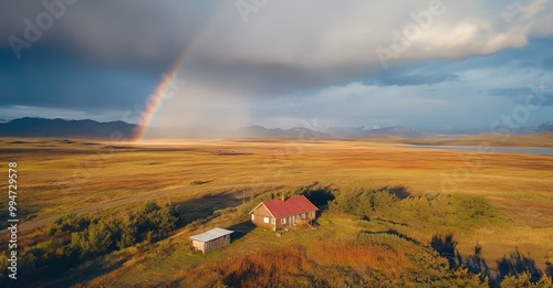 A wooden cabin sits nestled in a vast, golden field, with a vibrant rainbow arching over a distant mountain range. photo