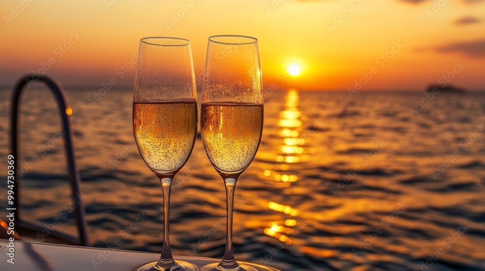 Two glasses of sparkling wine on a yacht at sunset generative ai Two glasses of sparkling wine on a yacht at sunset generative ai