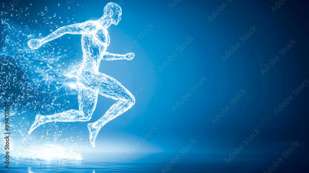 Silhouette of man from water. Water in the form of a running athlete. Concept of energy in life, healthy lifestyle Silhouette of man from water. Water in the form of a running athlete. Concept of energy in life, healthy lifestyle