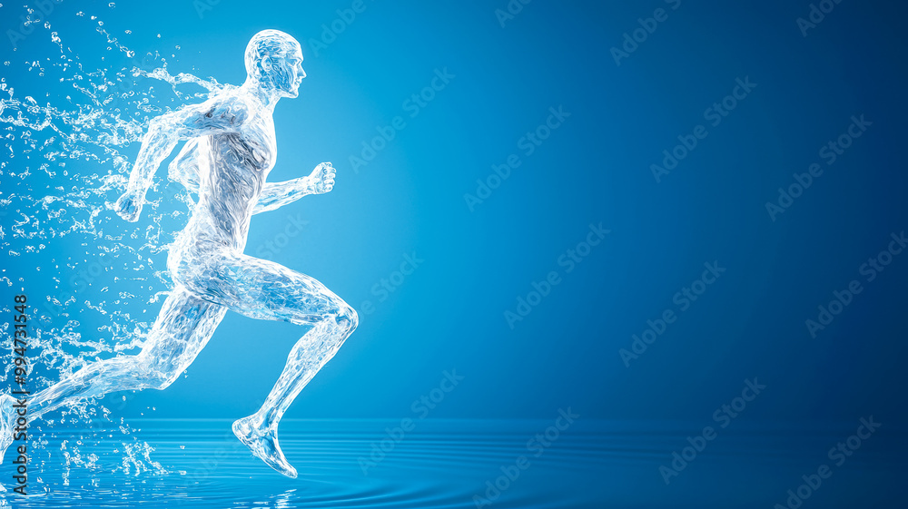 Silhouette of man from water. Water in the form of a running athlete. Concept of energy in life, healthy lifestyle Silhouette of man from water. Water in the form of a running athlete. Concept of energy in life, healthy lifestyle