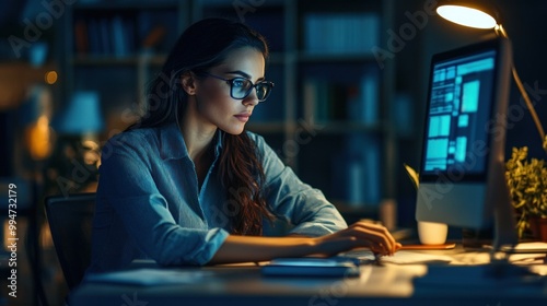 Woman Working Late at Night