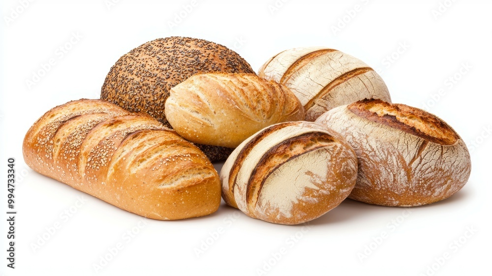 A variety of breads are displayed on a white background